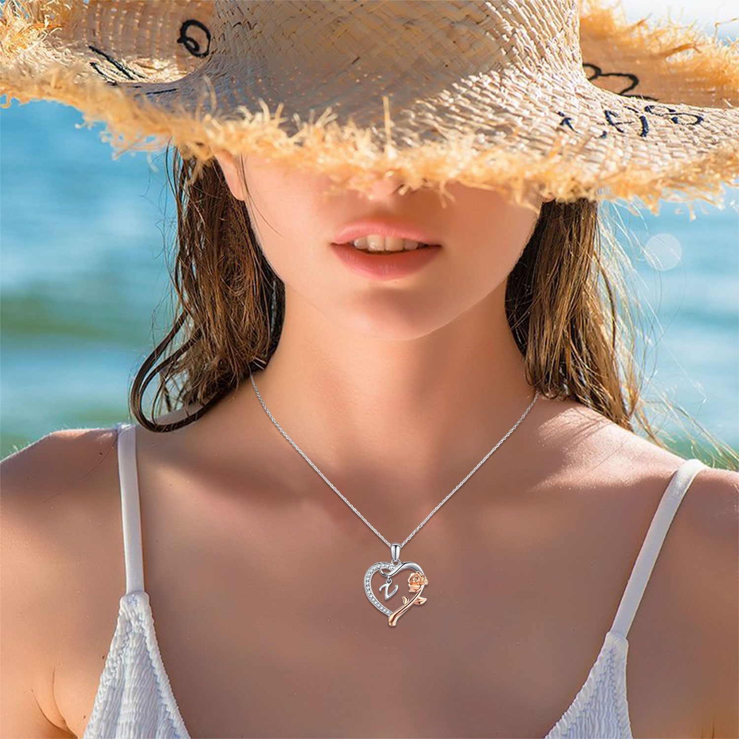925 Silver U Letter Rose Heart Necklace Personalised Gift